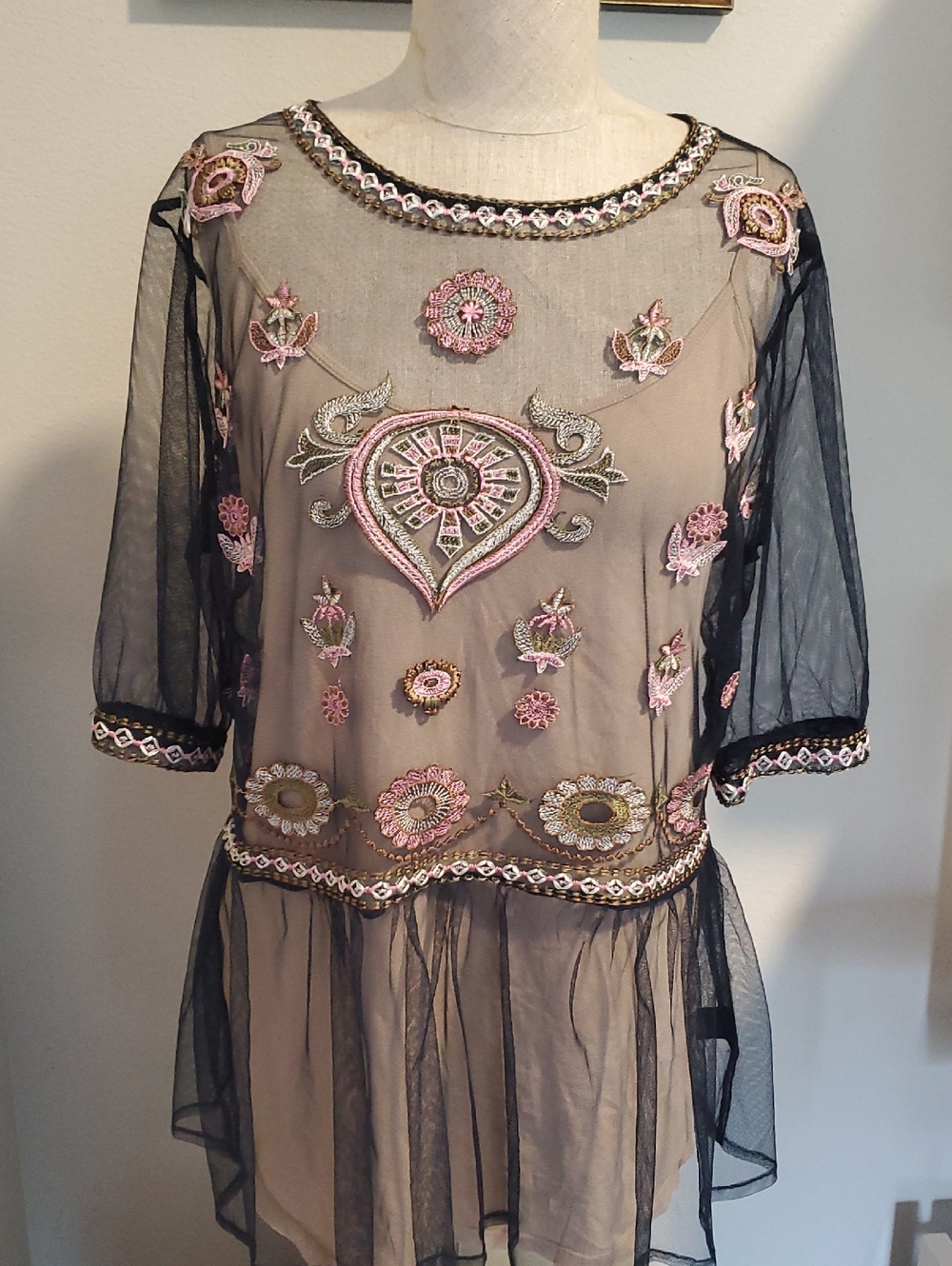 Curations Floral  Top Embroidered Sheer Black Tunic with Pink Floral Beading, M